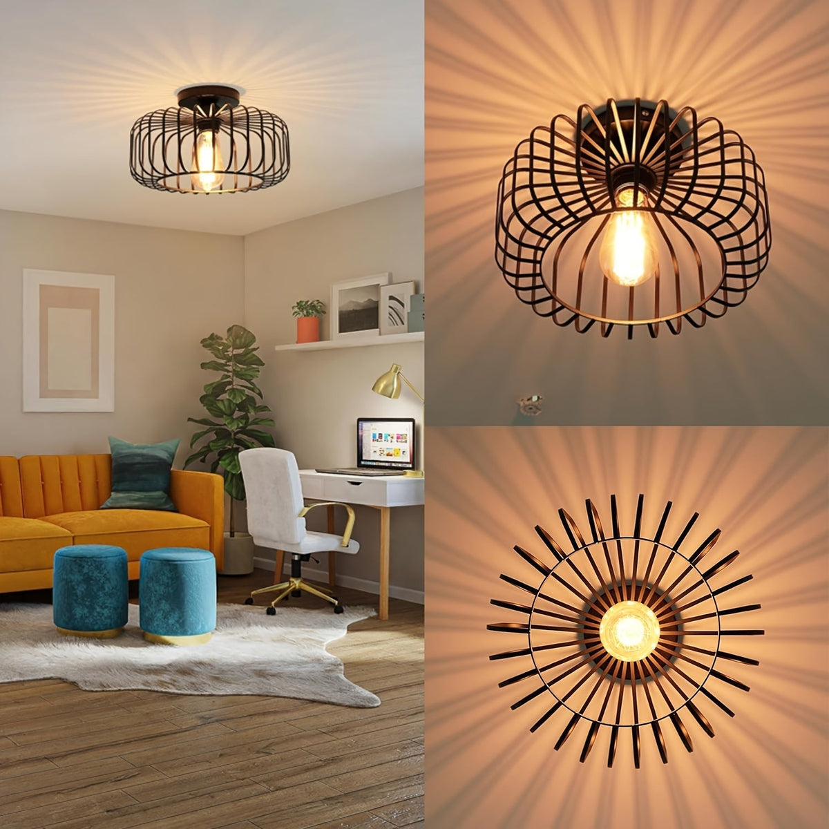 Zwarte plafondlamp met ronde metalen kap en E27-fitting