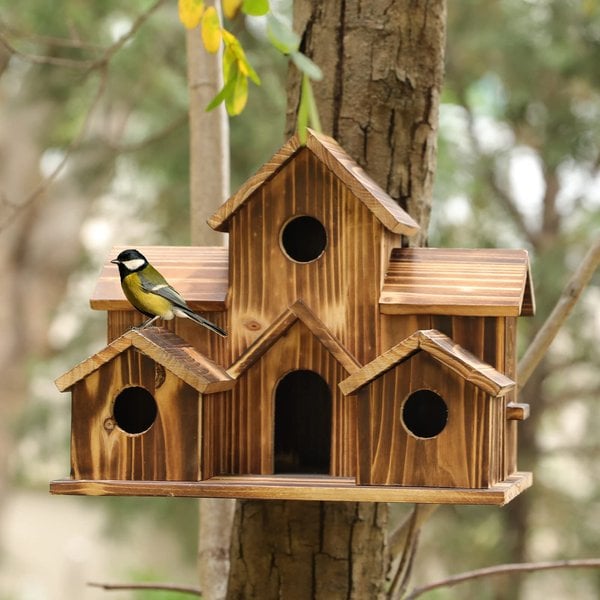Houten vogelhuisje met 6 ingangen voor tuin en balkon