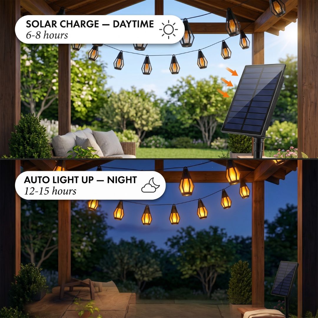 Zonne-energie LED-lichtsnoer met Vlameffect voor Tuin en Terras