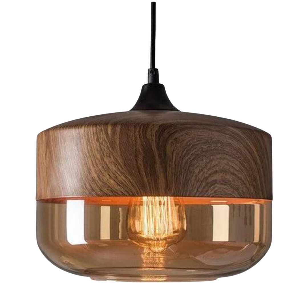 Scandinavische hanglamp van metaal en glas met houtlook