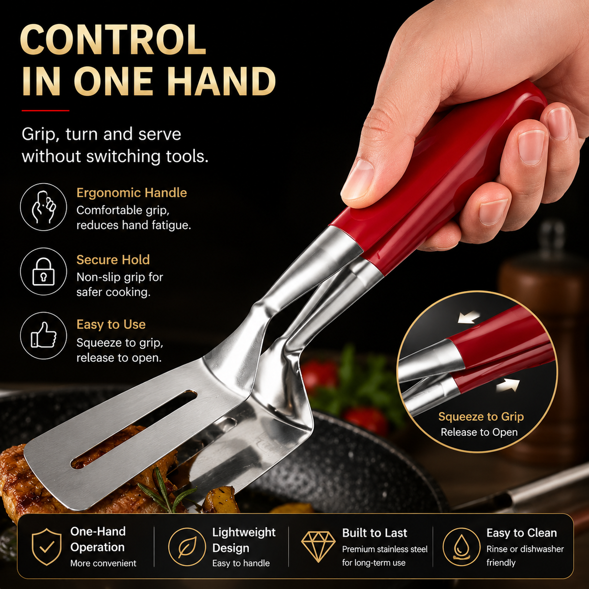 2-in-1 Spatelzange – Keren en grijpen met één gereedschap