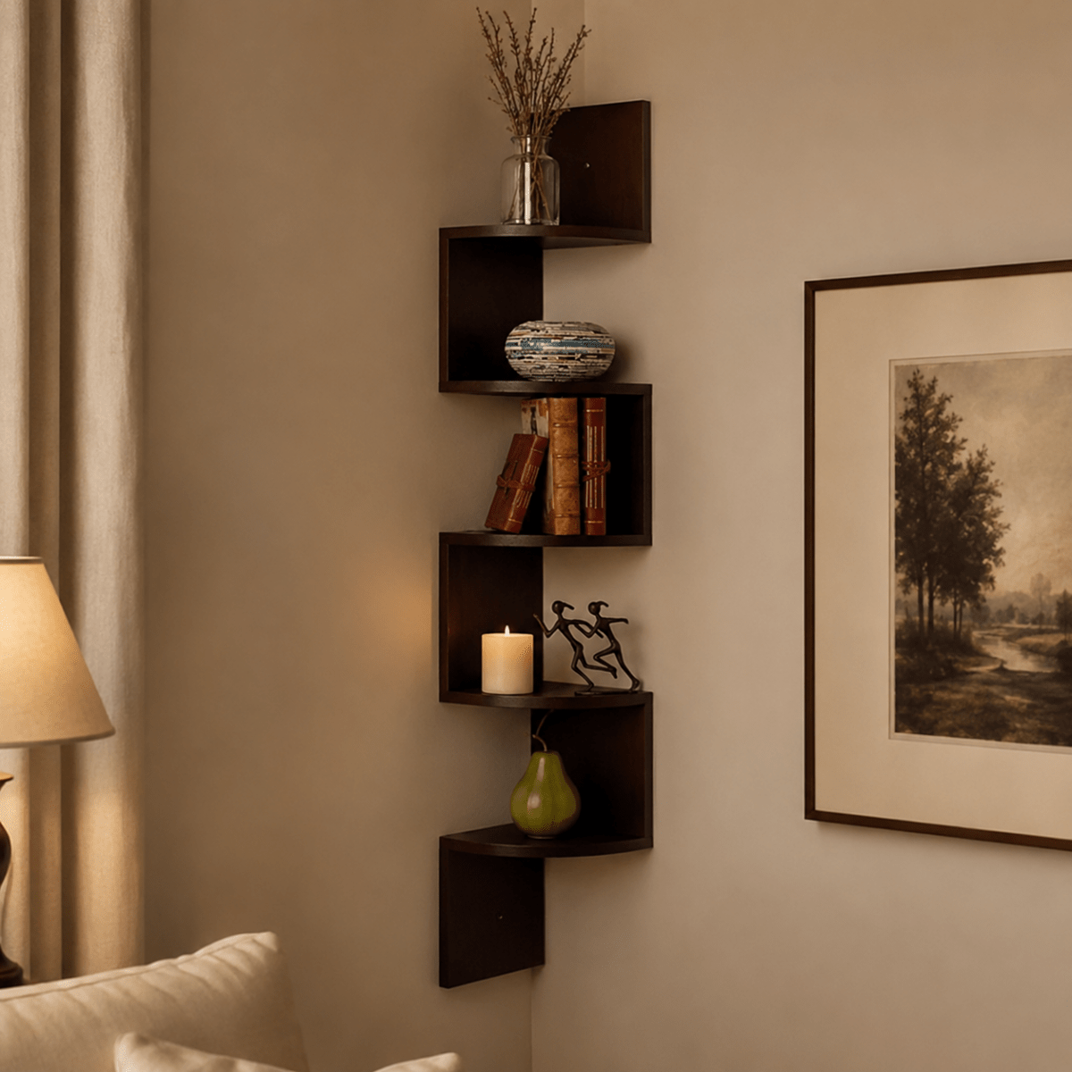 Hoekwandplank met meerdere niveaus voor woonkamer en kantoor