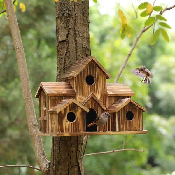 Houten vogelhuisje met 6 ingangen voor tuin en balkon