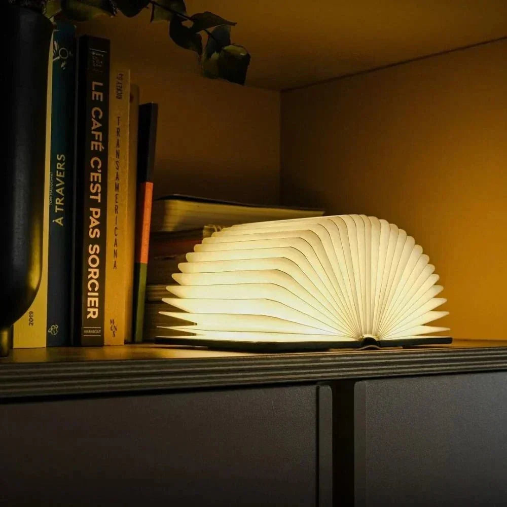 Opvouwbare boeklamp van hout en papier – sfeerverlichting