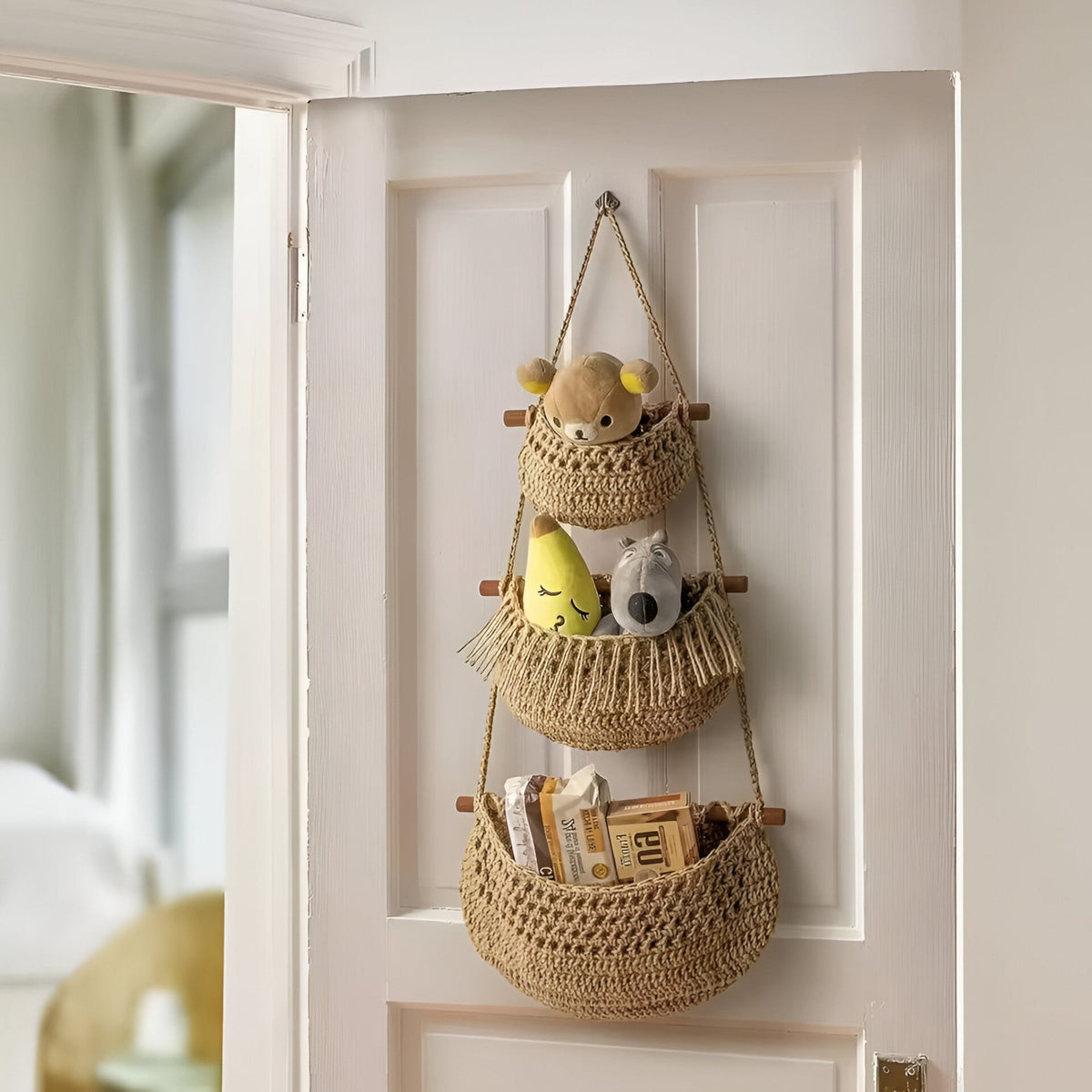 Hangende fruitmand van jute – meerdere verdiepingen voor de keuken