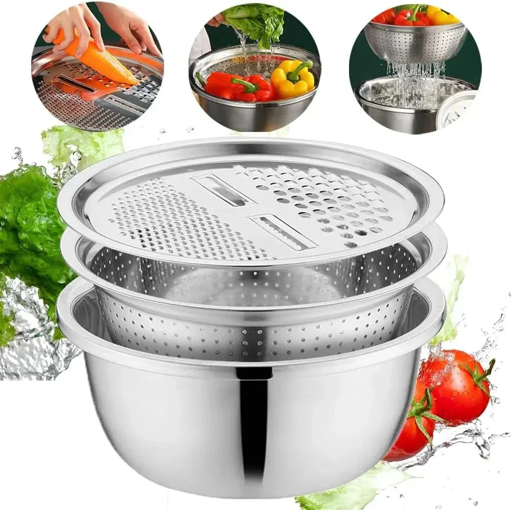 Mengkom Set met Zeefinzet en Rasp – 3-in-1 Roestvrij Staal