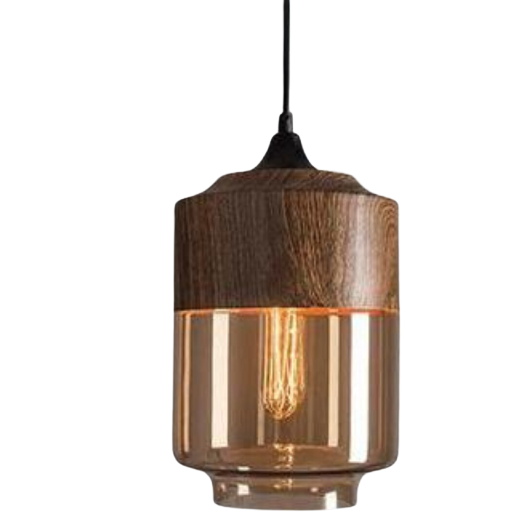 Scandinavische hanglamp van metaal en glas met houtlook