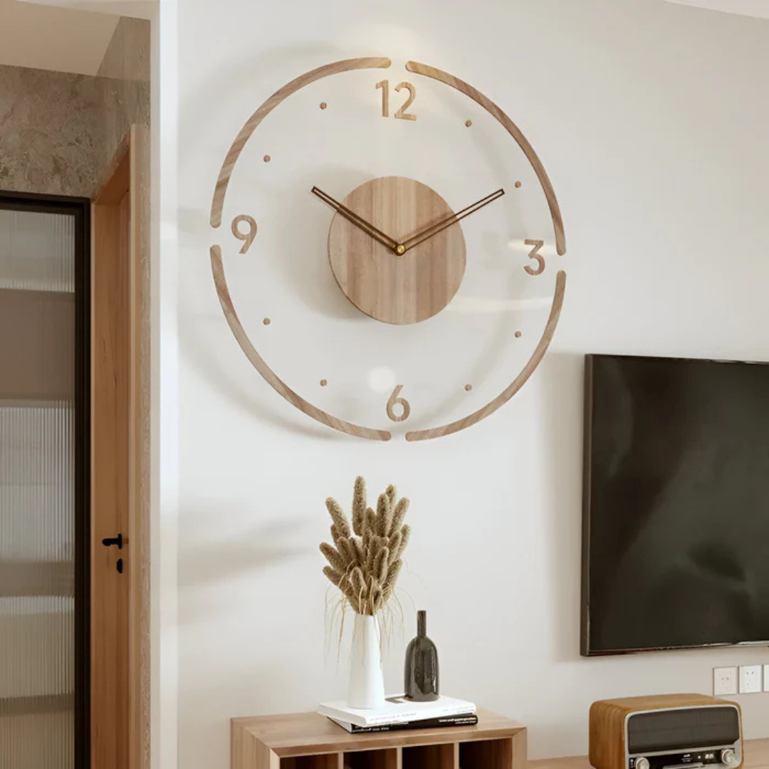 Geruisloze wandklok van acryl en hout – Modern woonkamerdesign