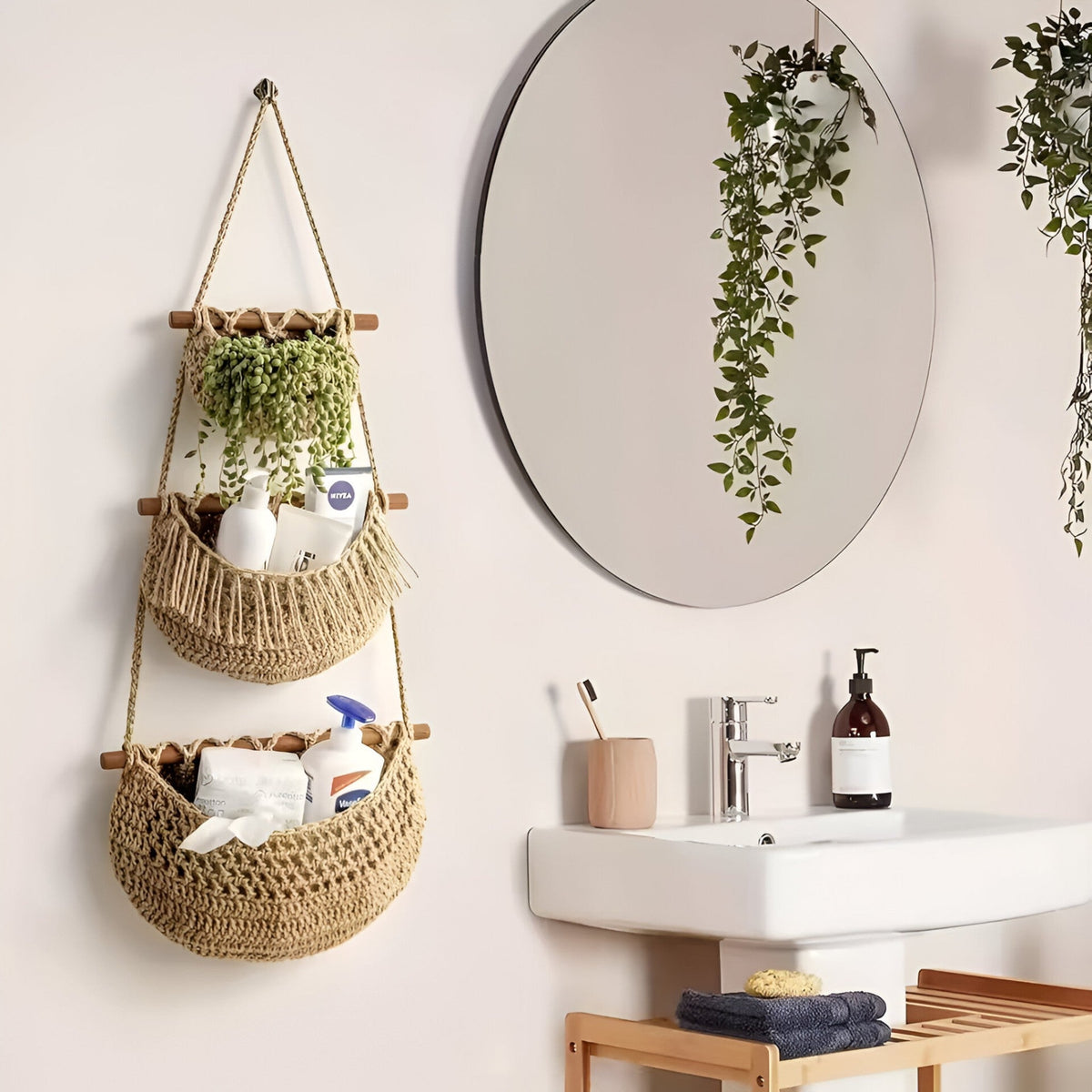 Hangende fruitmand van jute – meerdere verdiepingen voor de keuken