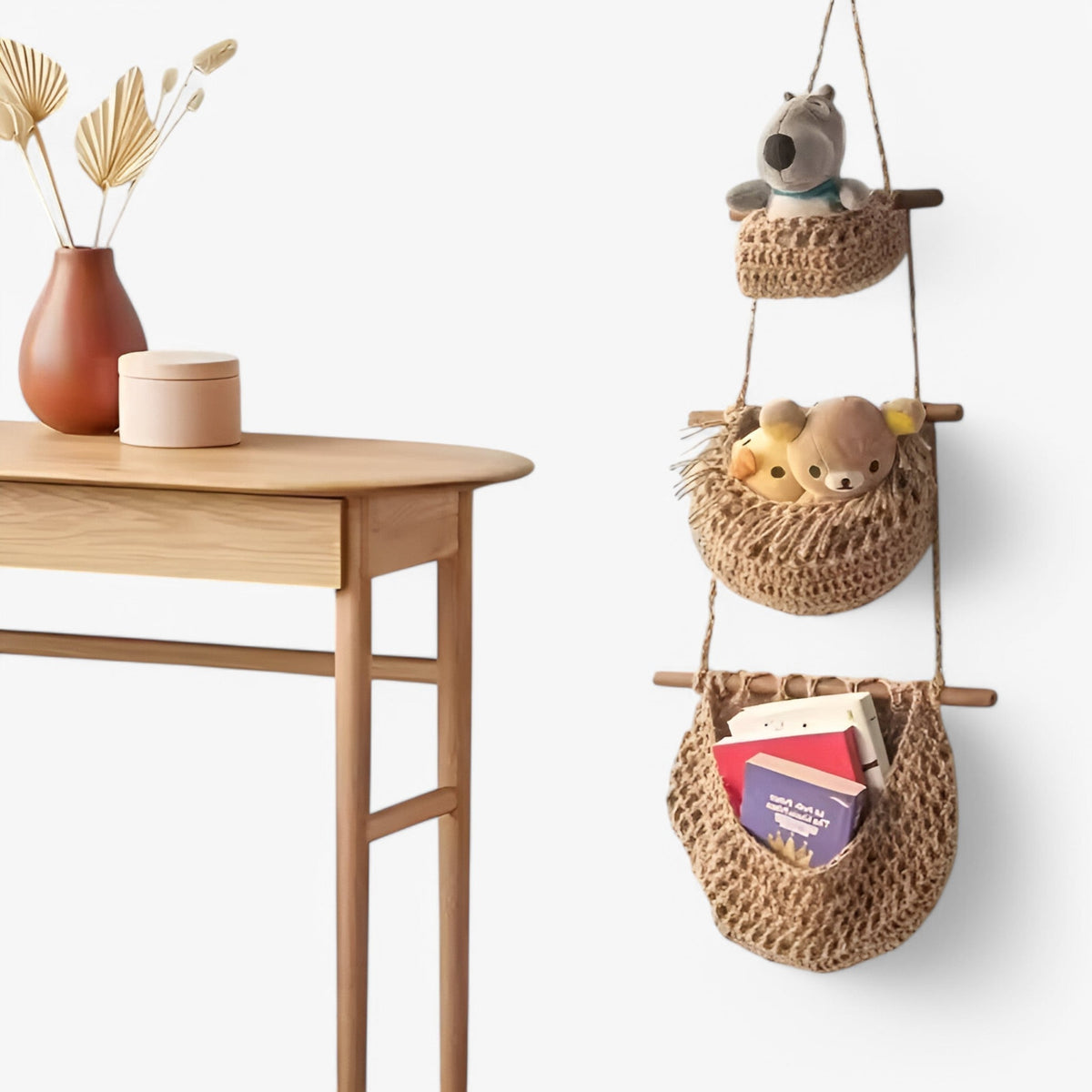 Hangende fruitmand van jute – meerdere verdiepingen voor de keuken