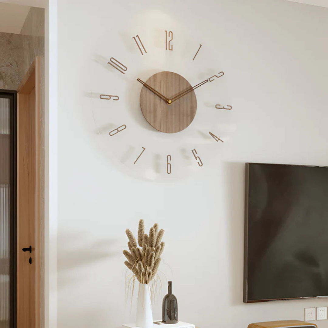 Geruisloze wandklok van acryl en hout – Modern woonkamerdesign