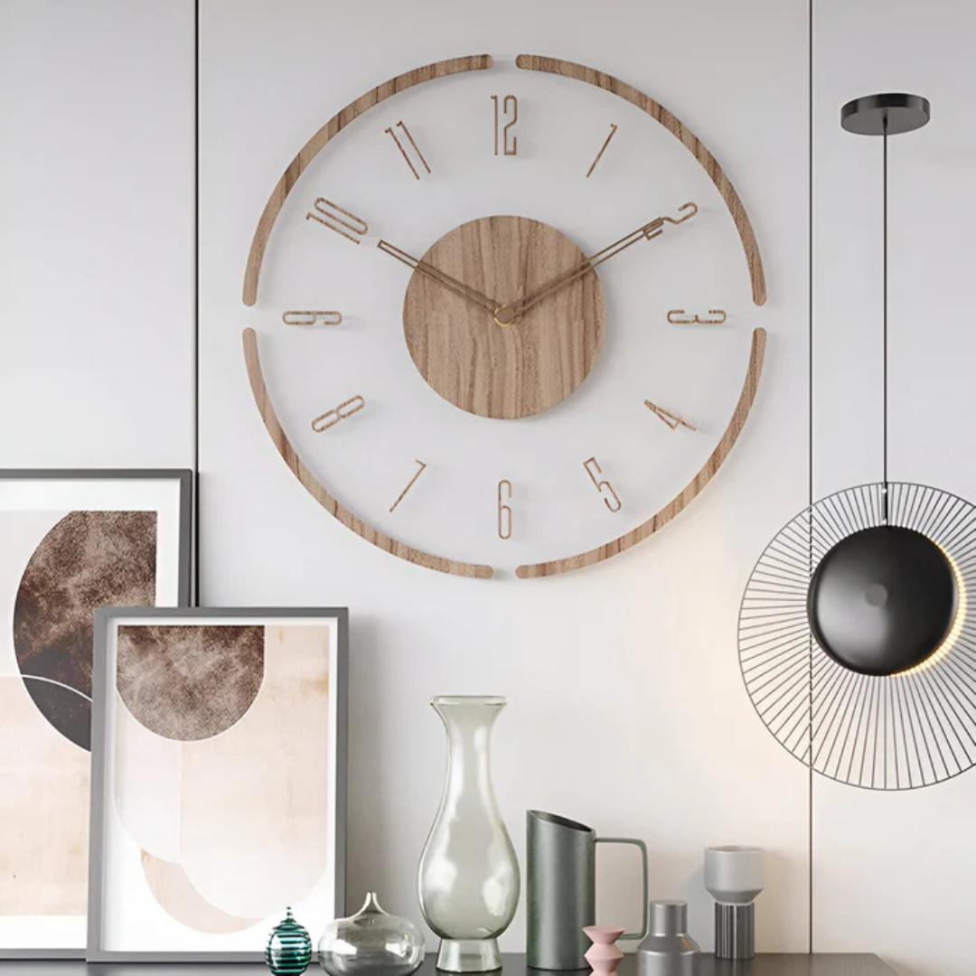 Geruisloze wandklok van acryl en hout – Modern woonkamerdesign