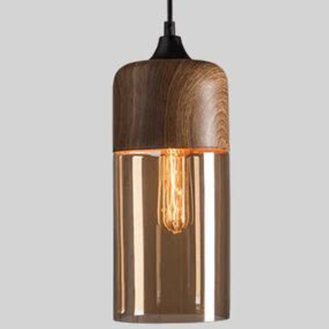 Scandinavische hanglamp van metaal en glas met houtlook