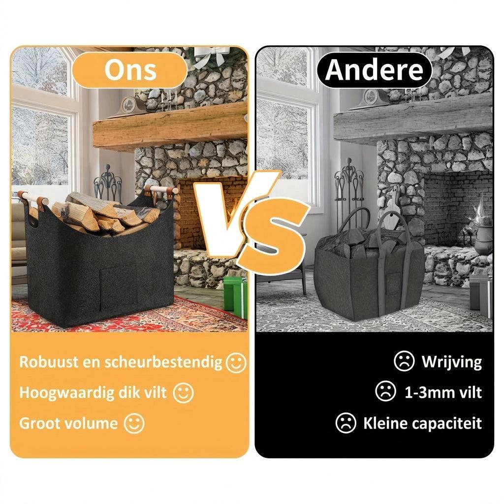 Opvouwbare haardhoutmand van vilt met houten handvatten – 55 liter