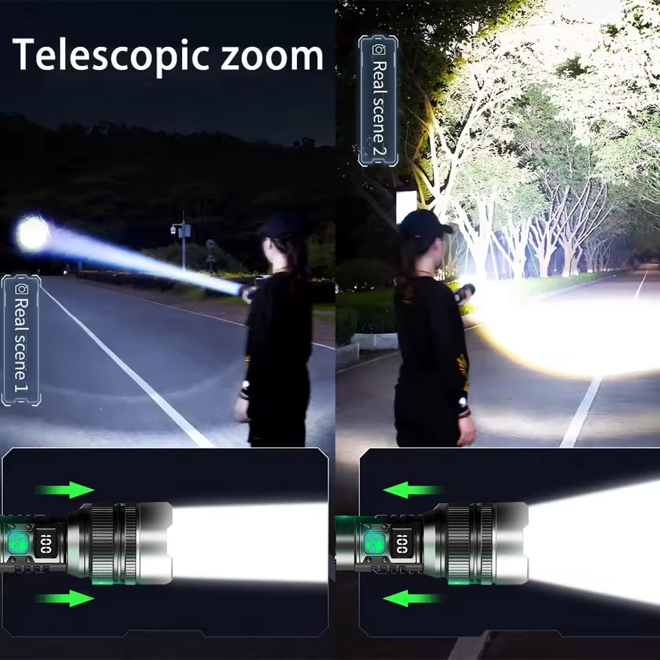 LED Zaklamp met Powerbankfunctie – Oplaadbaar, Zoombaar & Weerbestendig
