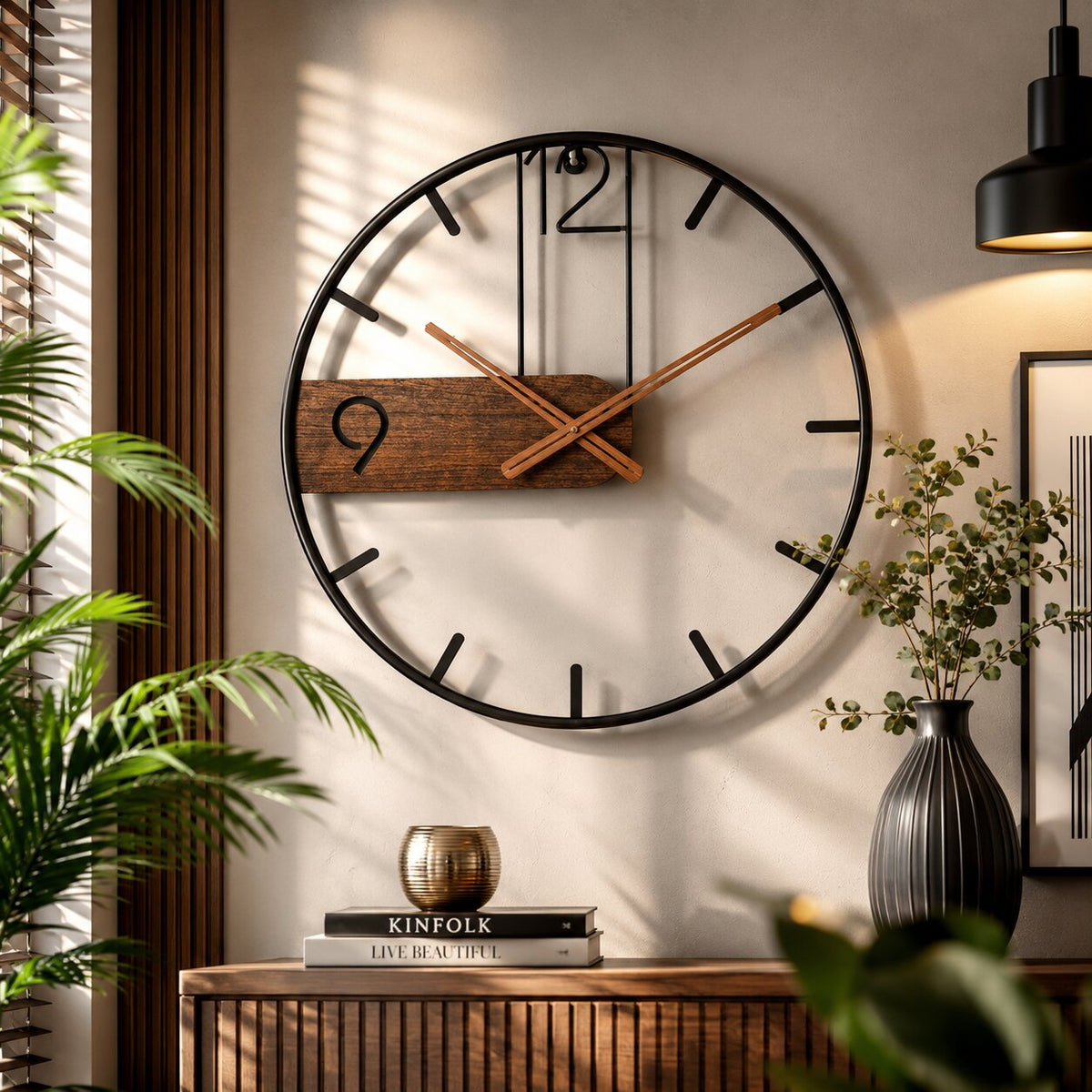 Wandklok walnootnout en edelstaal – minimalistisch design