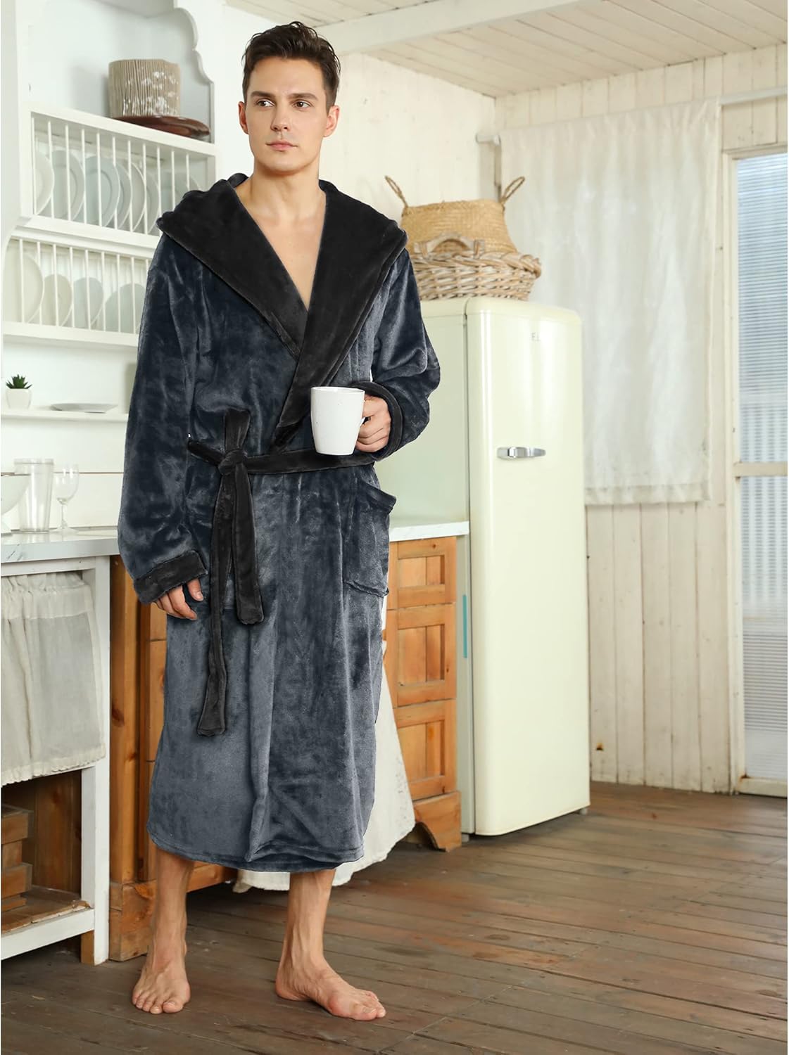 Fleece badjas met capuchon voor heren – zacht, warm en machinebestendig