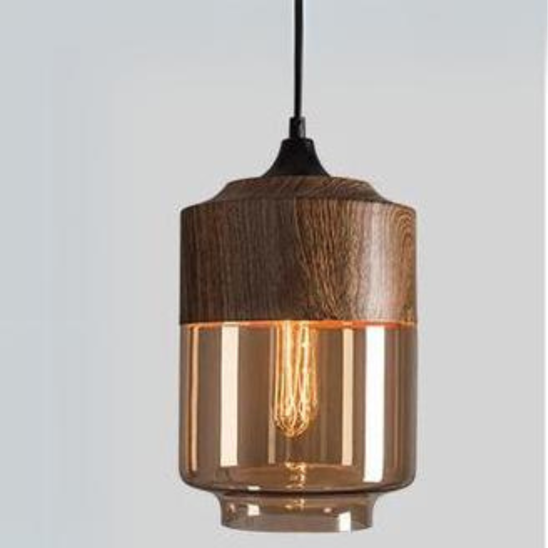 Scandinavische hanglamp van metaal en glas met houtlook