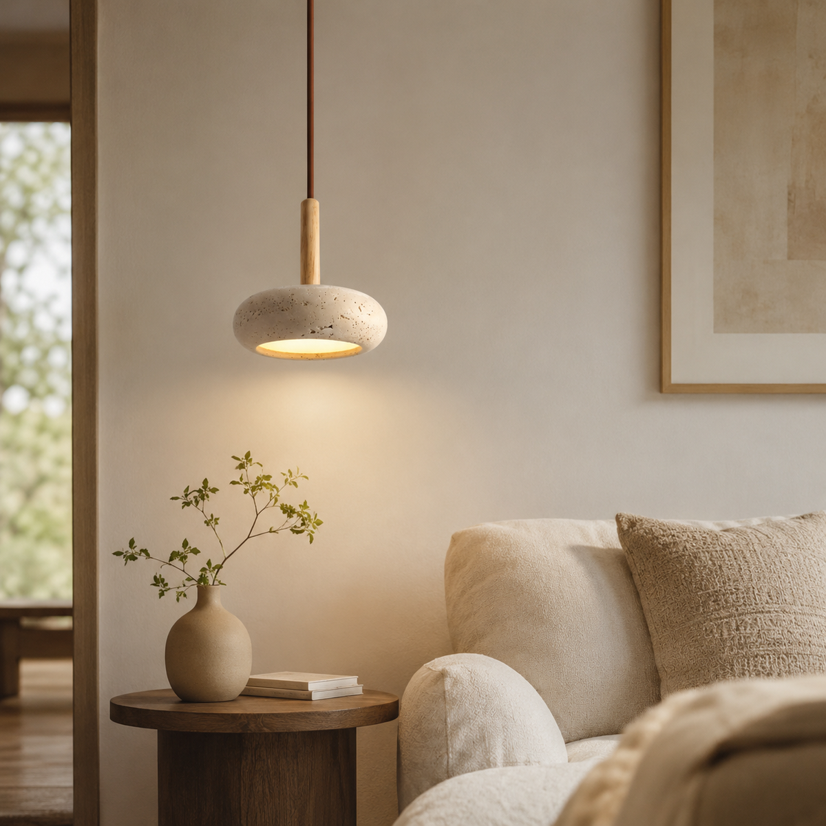 LED Hanglamp Japanse Stijl Natuursteen Hout Warmwit Ø15cm