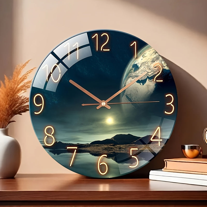 Glazen wandklok met aardlandschap-motief – geruisloos uurwerk