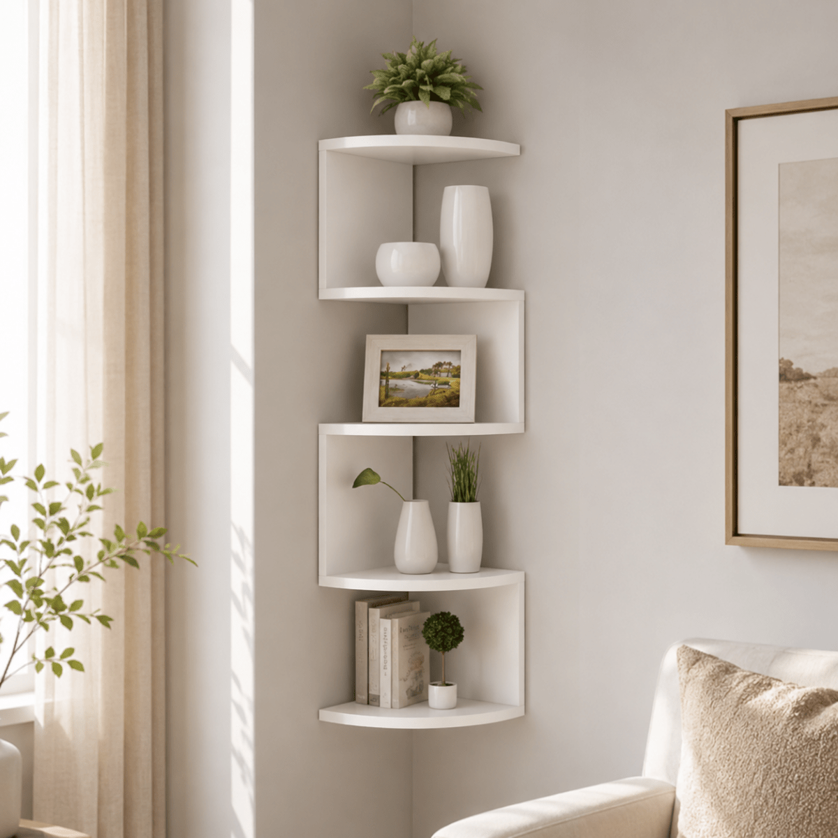 Hoekwandplank met meerdere niveaus voor woonkamer en kantoor
