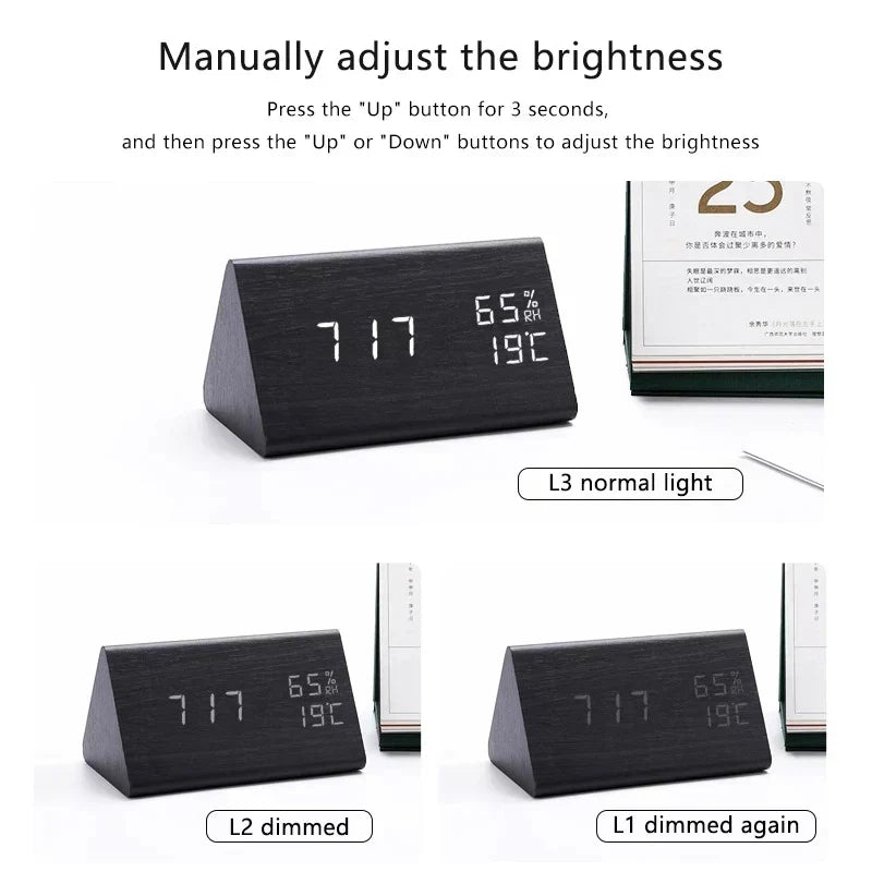 Digitale LED-wekker met houtlook en temperatuurweergave