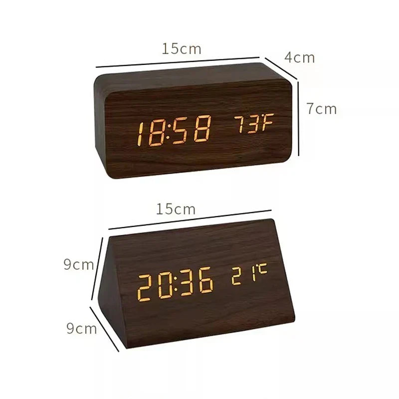 Digitale LED-wekker met houtlook en temperatuurweergave