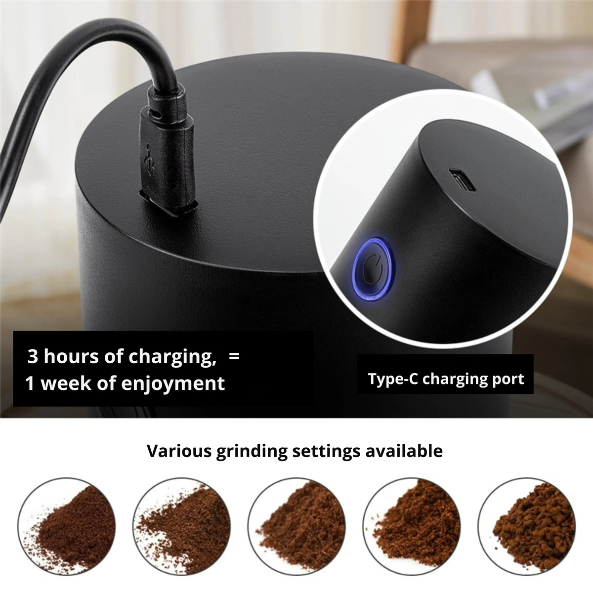 Elektrische koffiemolen met instelbare maalgraad – USB oplaadbaar