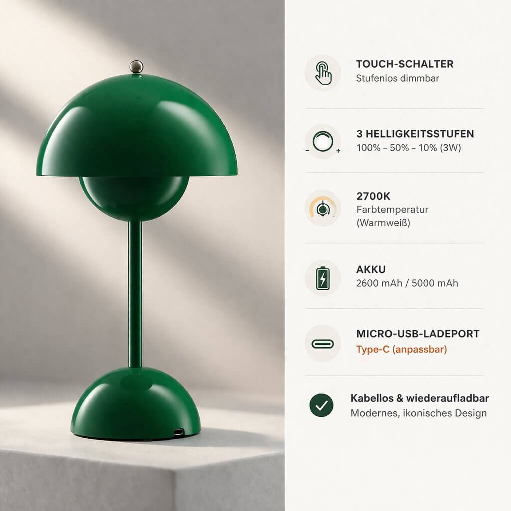 Draadloze LED-tafellamp met accu – dimbaar, warmwit licht