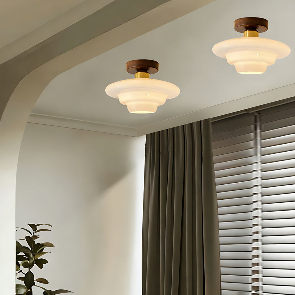 Plafondlamp gang van walnoothout met glas – plat en stijlvol