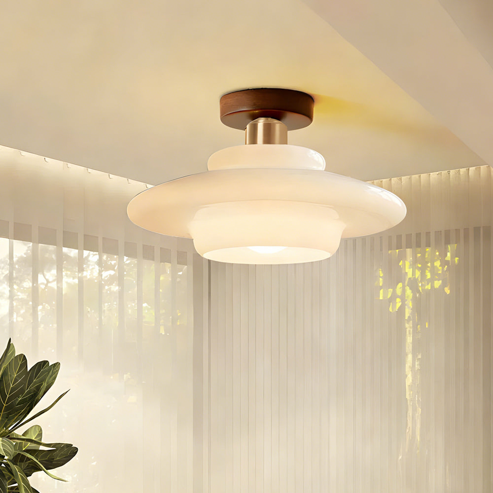 Plafondlamp gang van walnoothout met glas – plat en stijlvol