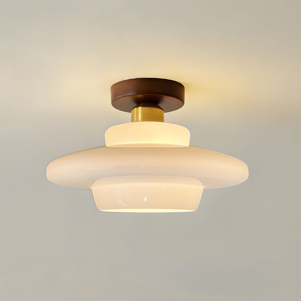 Plafondlamp gang van walnoothout met glas – plat en stijlvol