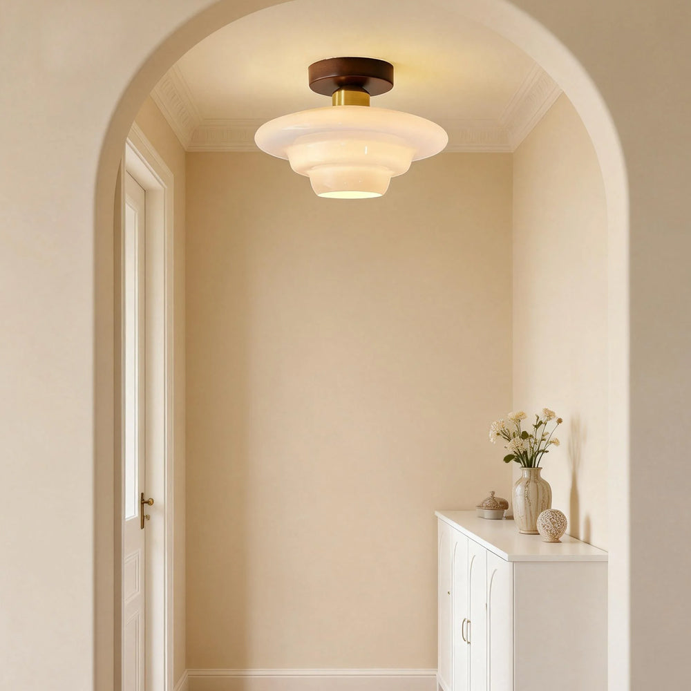 Plafondlamp gang van walnoothout met glas – plat en stijlvol