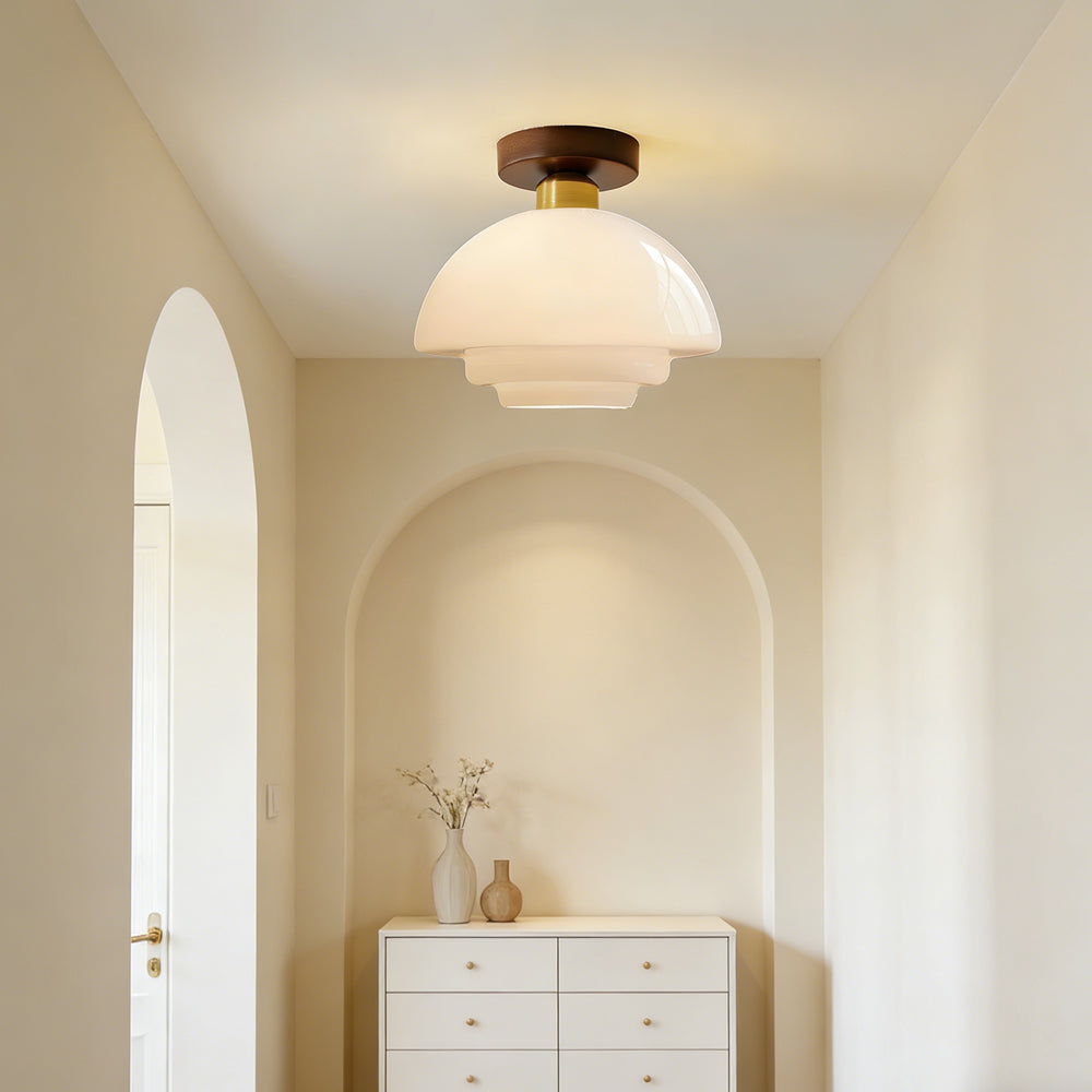 Plafondlamp gang van walnoothout met glas – plat en stijlvol