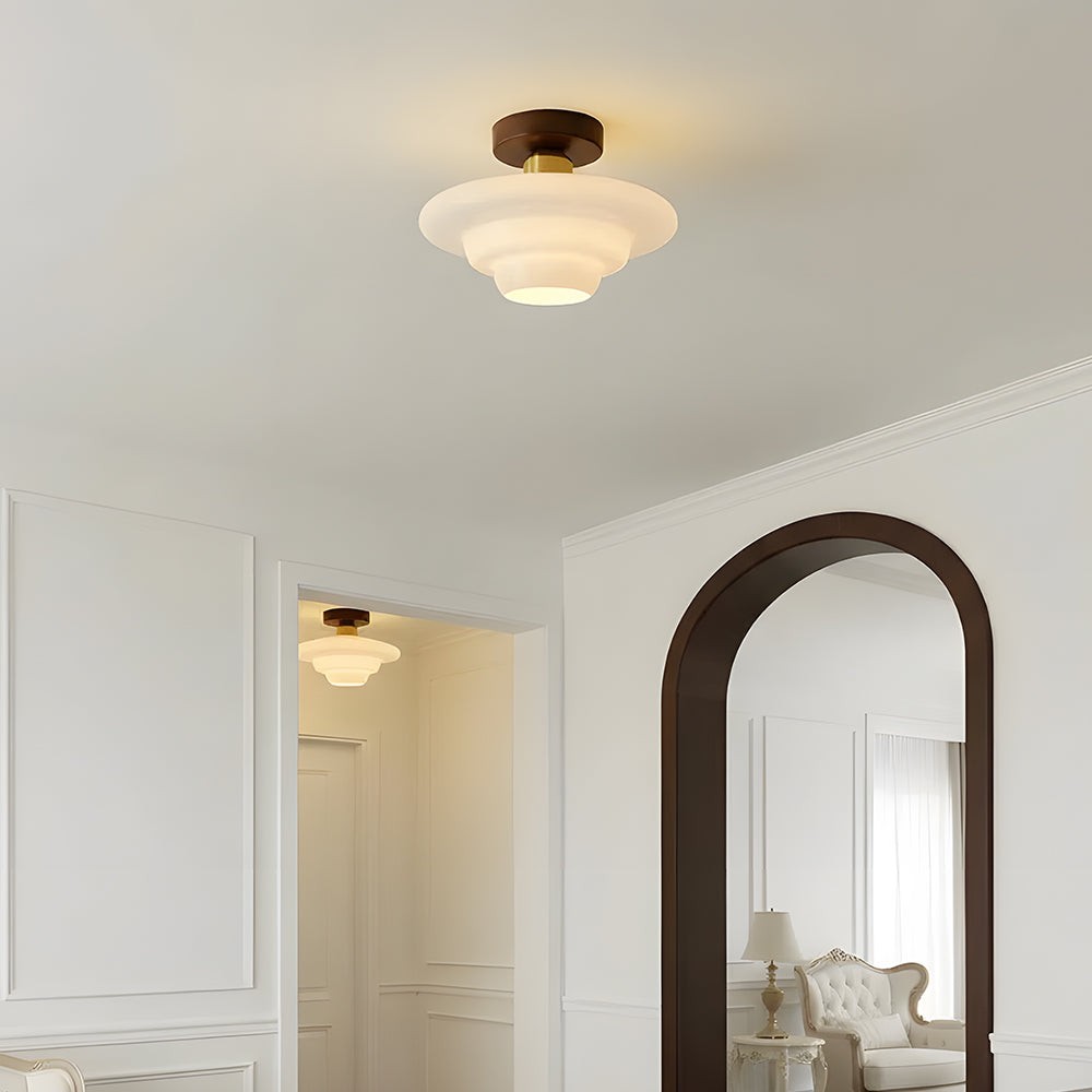 Plafondlamp gang van walnoothout met glas – plat en stijlvol