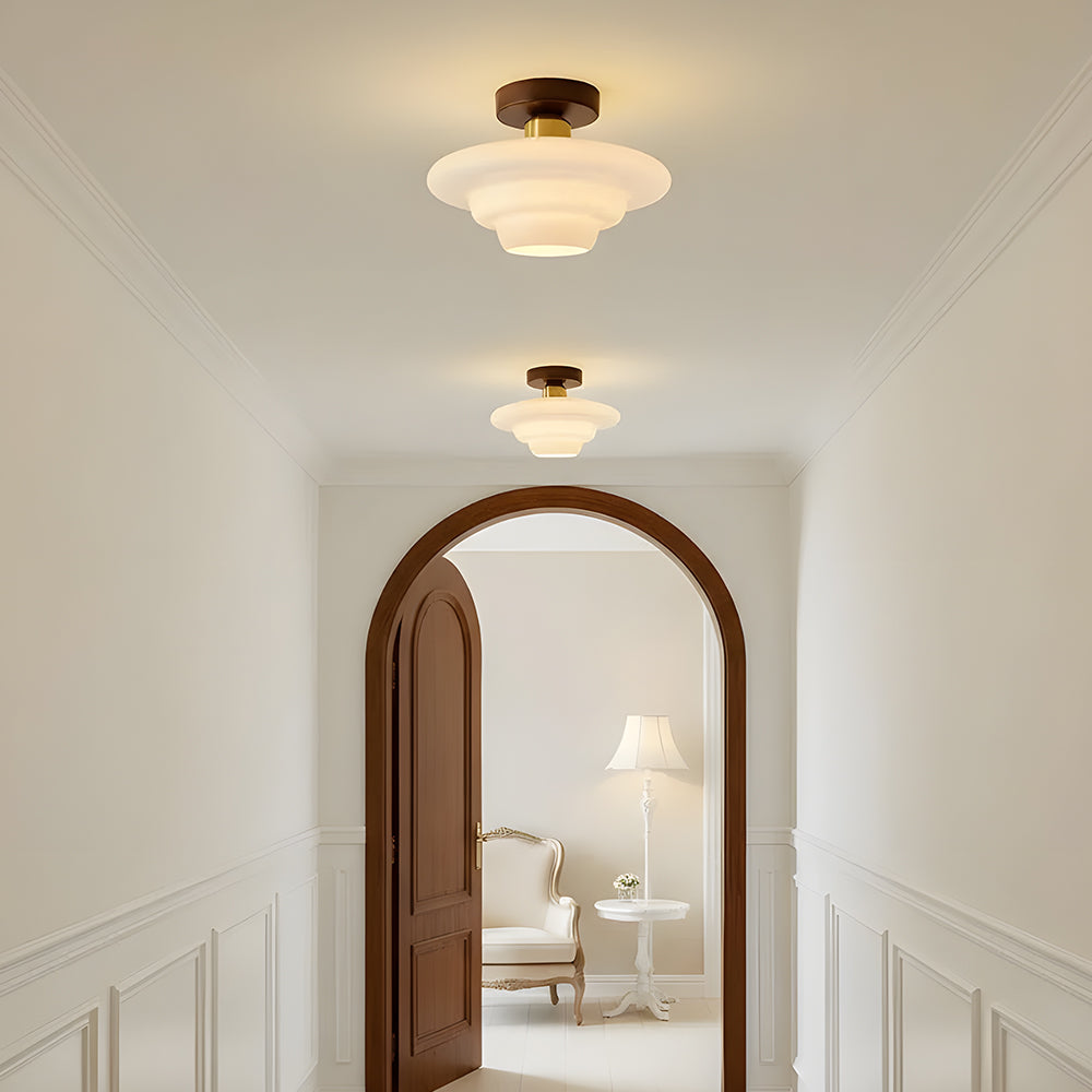 Plafondlamp gang van walnoothout met glas – plat en stijlvol