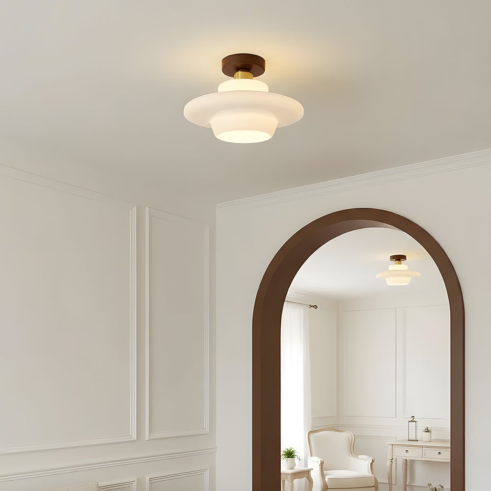 Plafondlamp gang van walnoothout met glas – plat en stijlvol