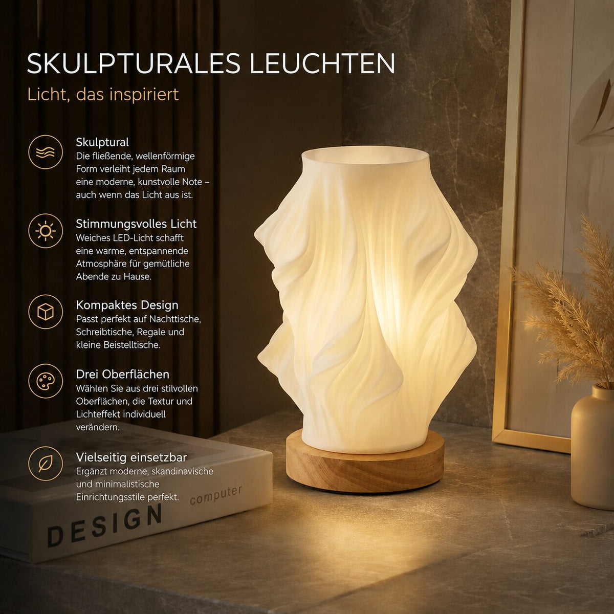 LED tafellamp met sculpturale structuur en licht-schaduweffect