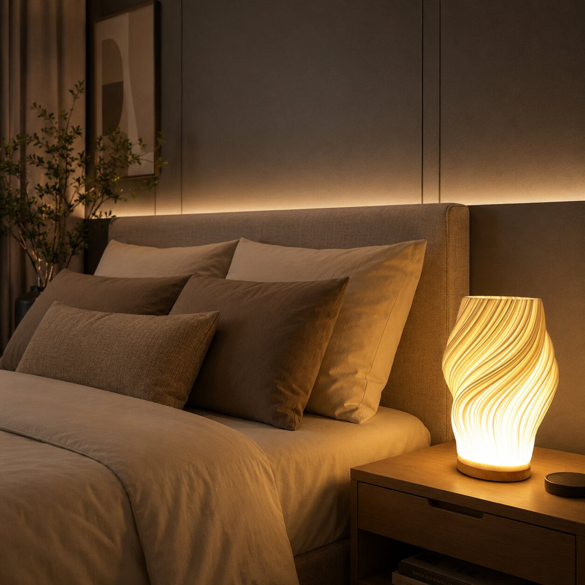 LED tafellamp met sculpturale structuur en licht-schaduweffect