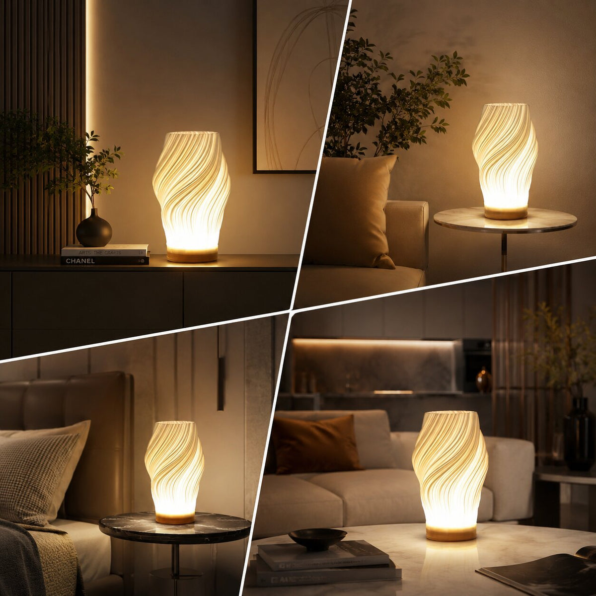 LED tafellamp met sculpturale structuur en licht-schaduweffect