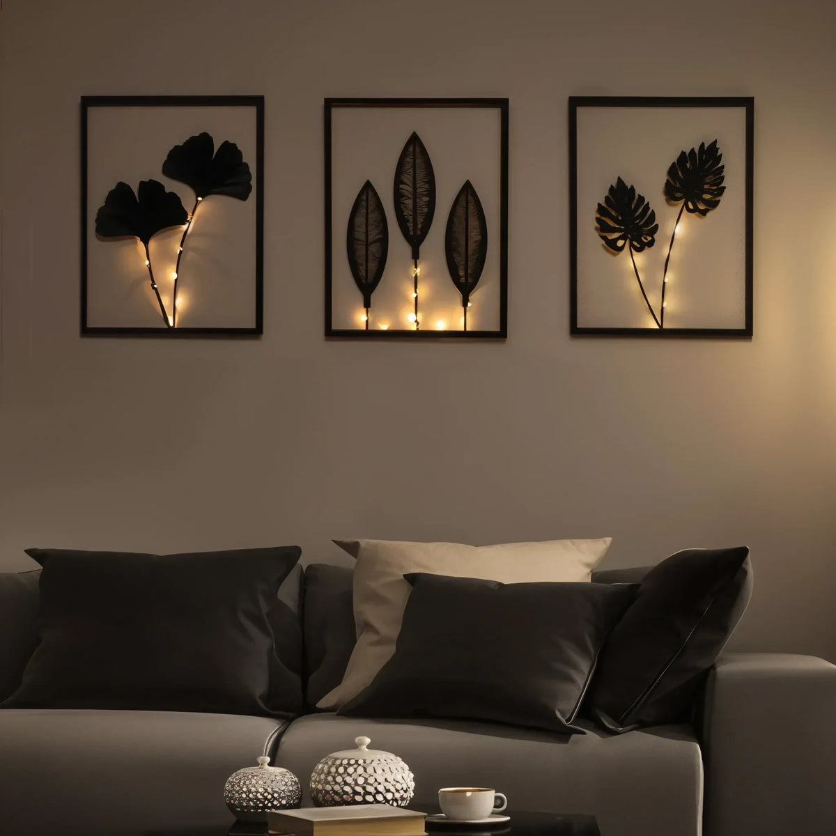 Wanddecoratie met bladmotief – set van 3 met warmwit licht