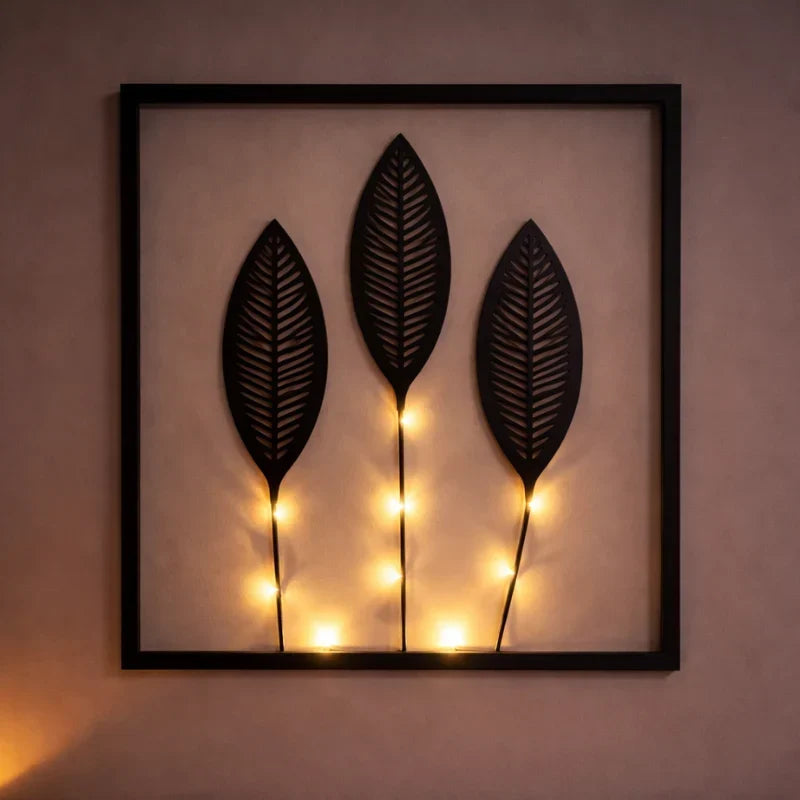 Wanddecoratie met bladmotief – set van 3 met warmwit licht