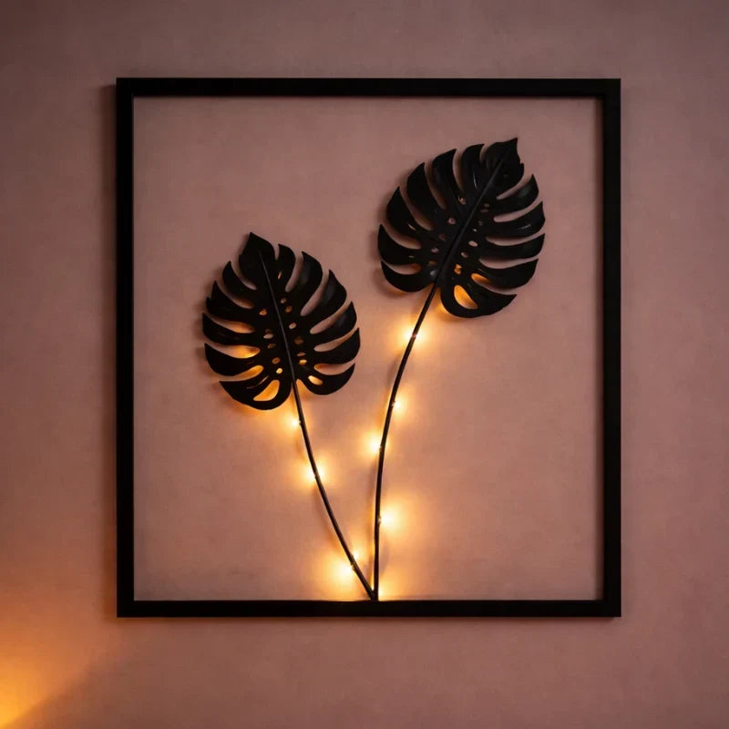 Wanddecoratie met bladmotief – set van 3 met warmwit licht