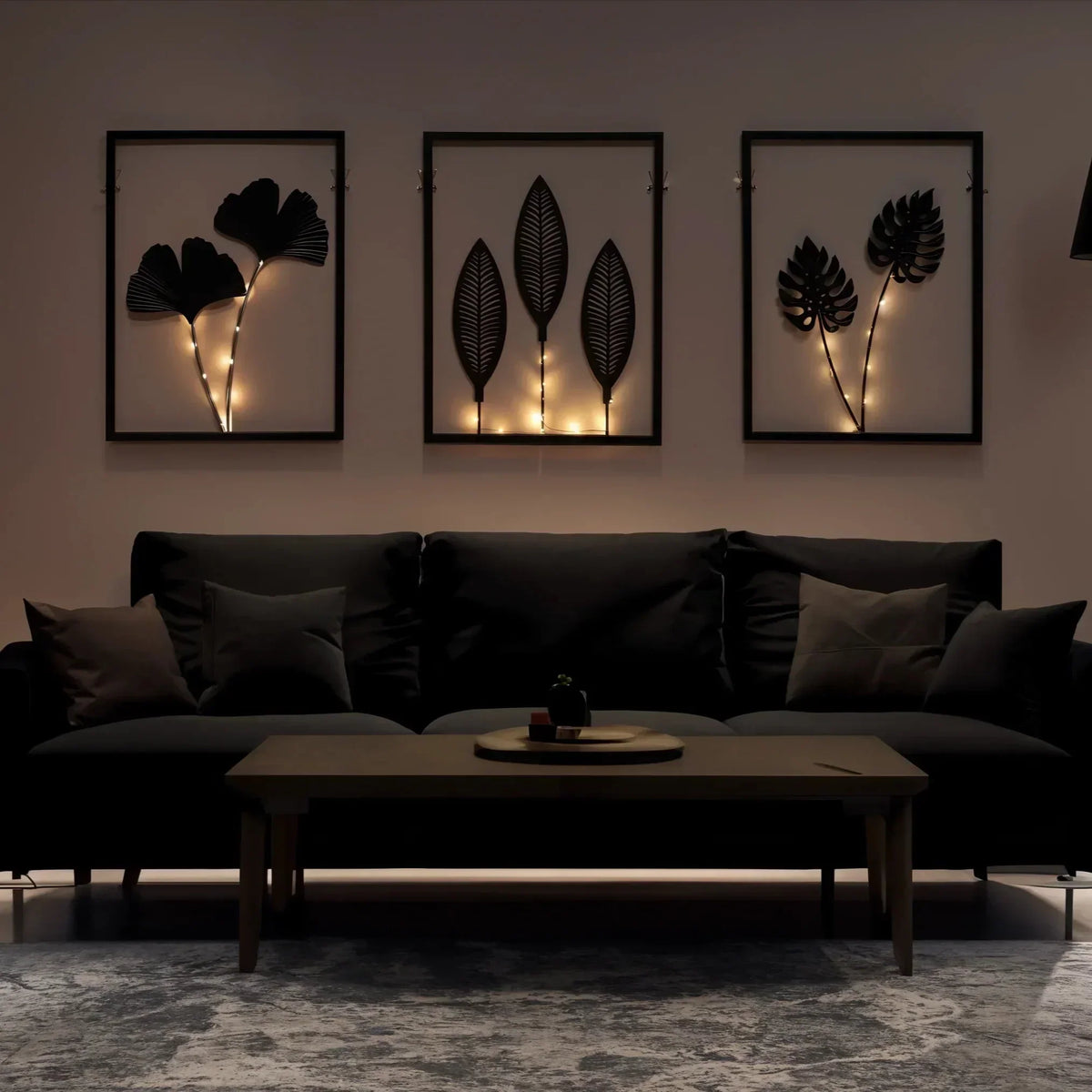 Wanddecoratie met bladmotief – set van 3 met warmwit licht