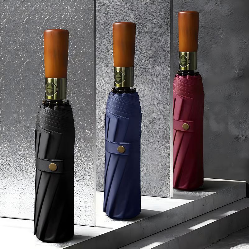 Automatische opvouwbare paraplu met houten handvat – windproof