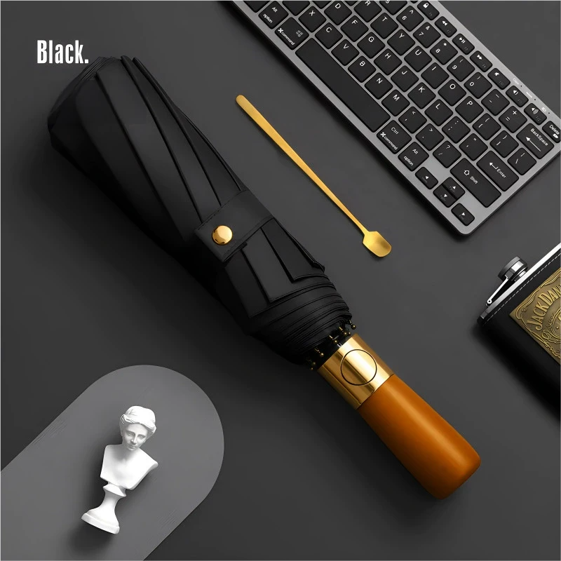 Automatische opvouwbare paraplu met houten handvat – windproof