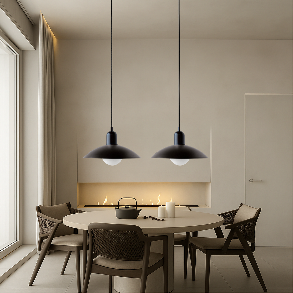 Metalen hanglamp met platte kap in Scandinavische stijl