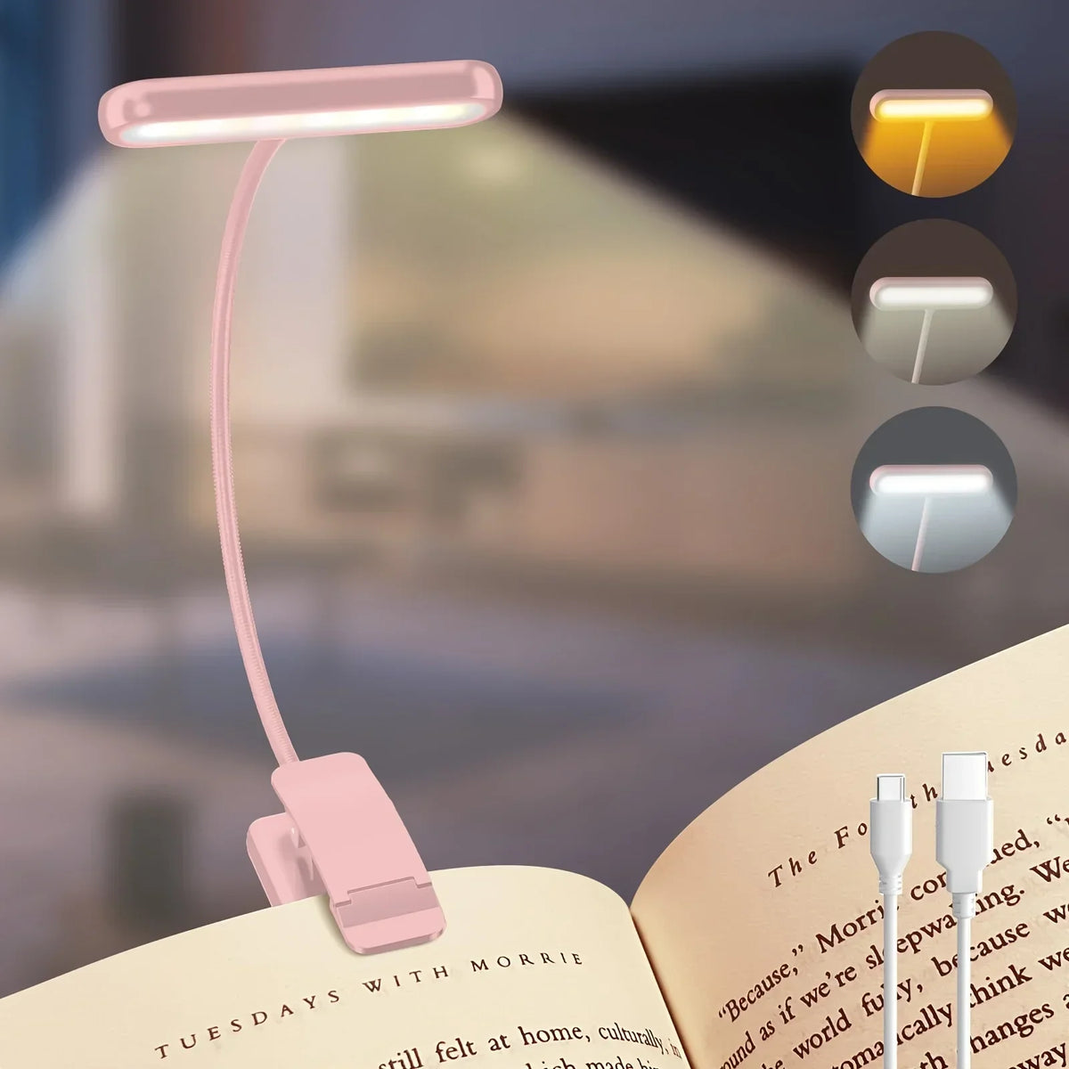 Leeslamp met clip en flexibele arm – USB oplaadbaar, 3 lichtkleuren