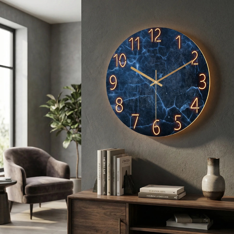 Wandklok met lichtgevende cijfers – stil uurwerk en modern design