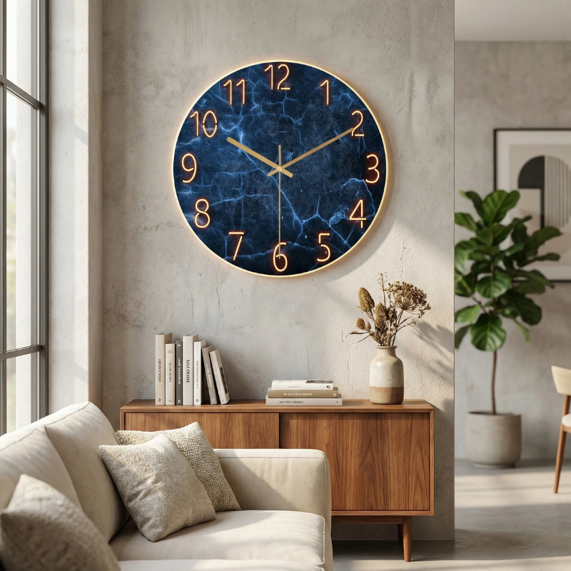Wandklok met lichtgevende cijfers – stil uurwerk en modern design